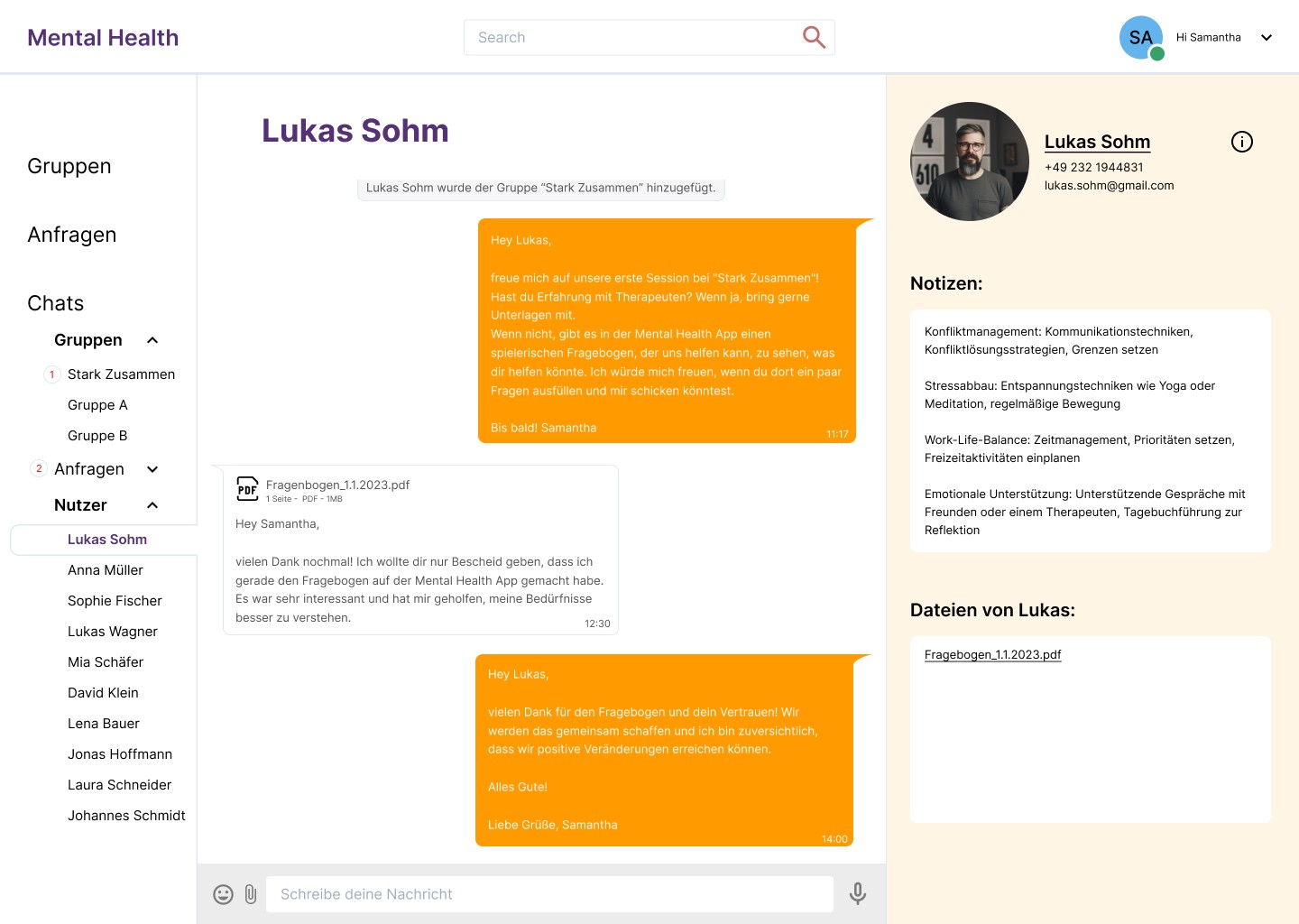 MindHub — Desktop-Ansicht für Therapeut:innen mit Chat