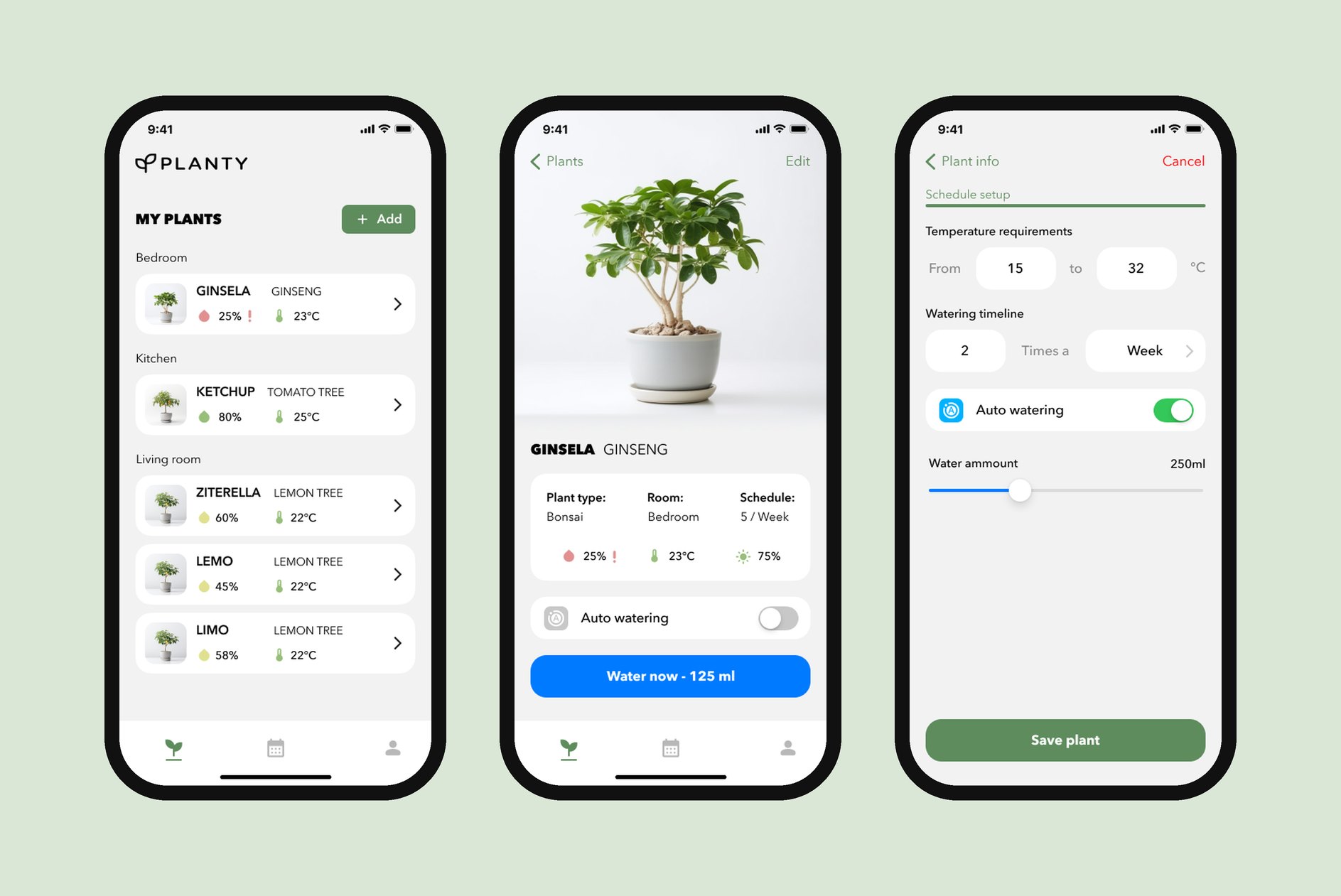 Planty — Pflanzenübersicht, Pflanzendetail, Pflegeeinstellungen