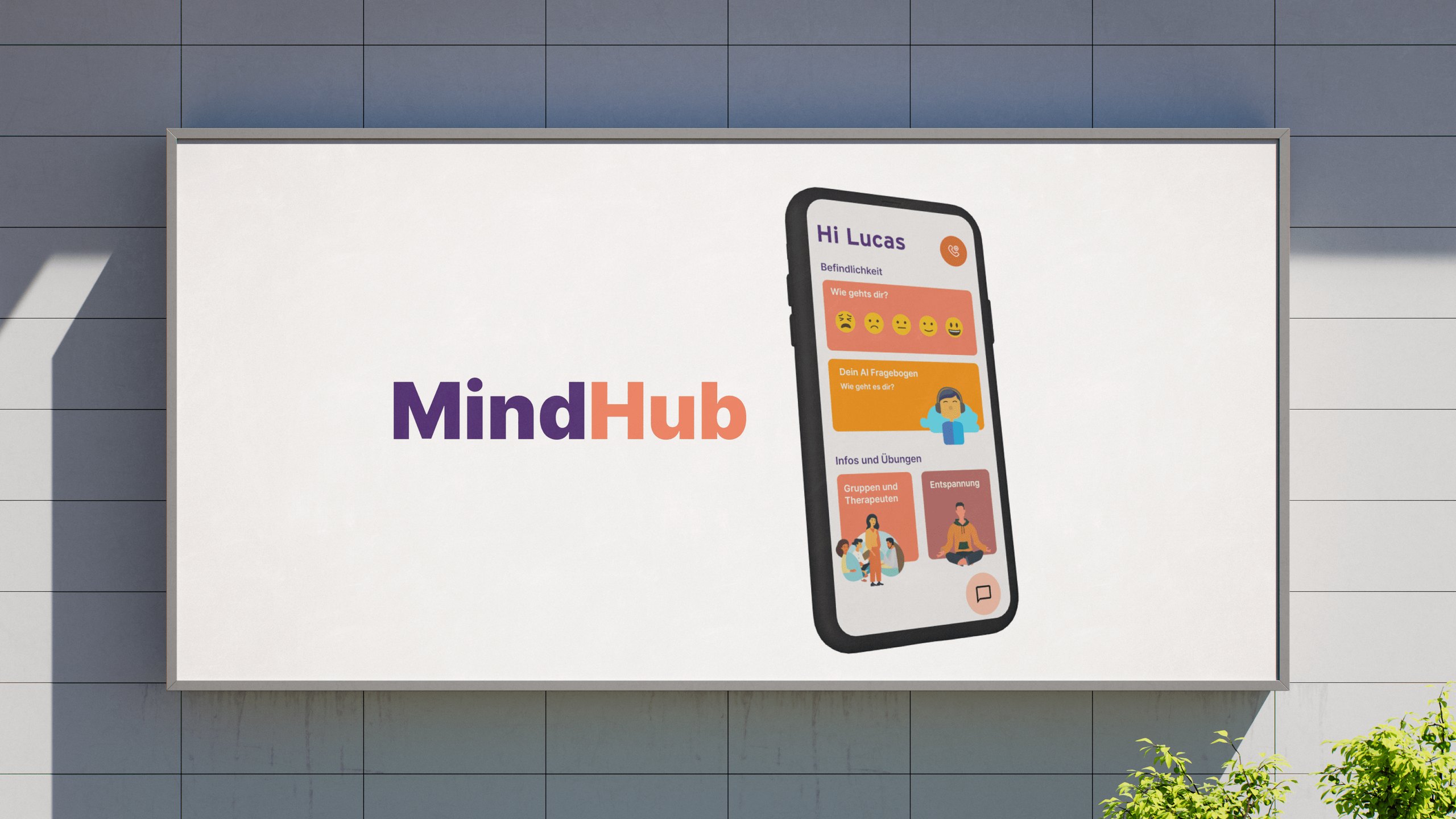 MindHub — Plakat mit der App an einer Hauswand