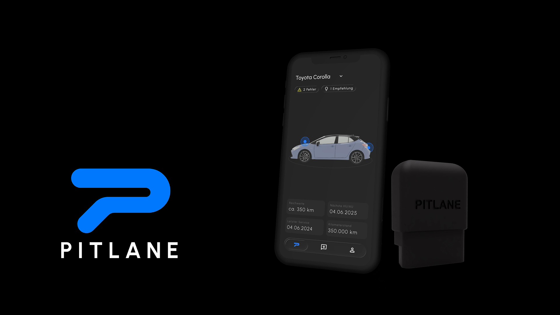 PitLane — Logo, App-Dashboard mit Fahrzeugmodell und OBD-Stecker