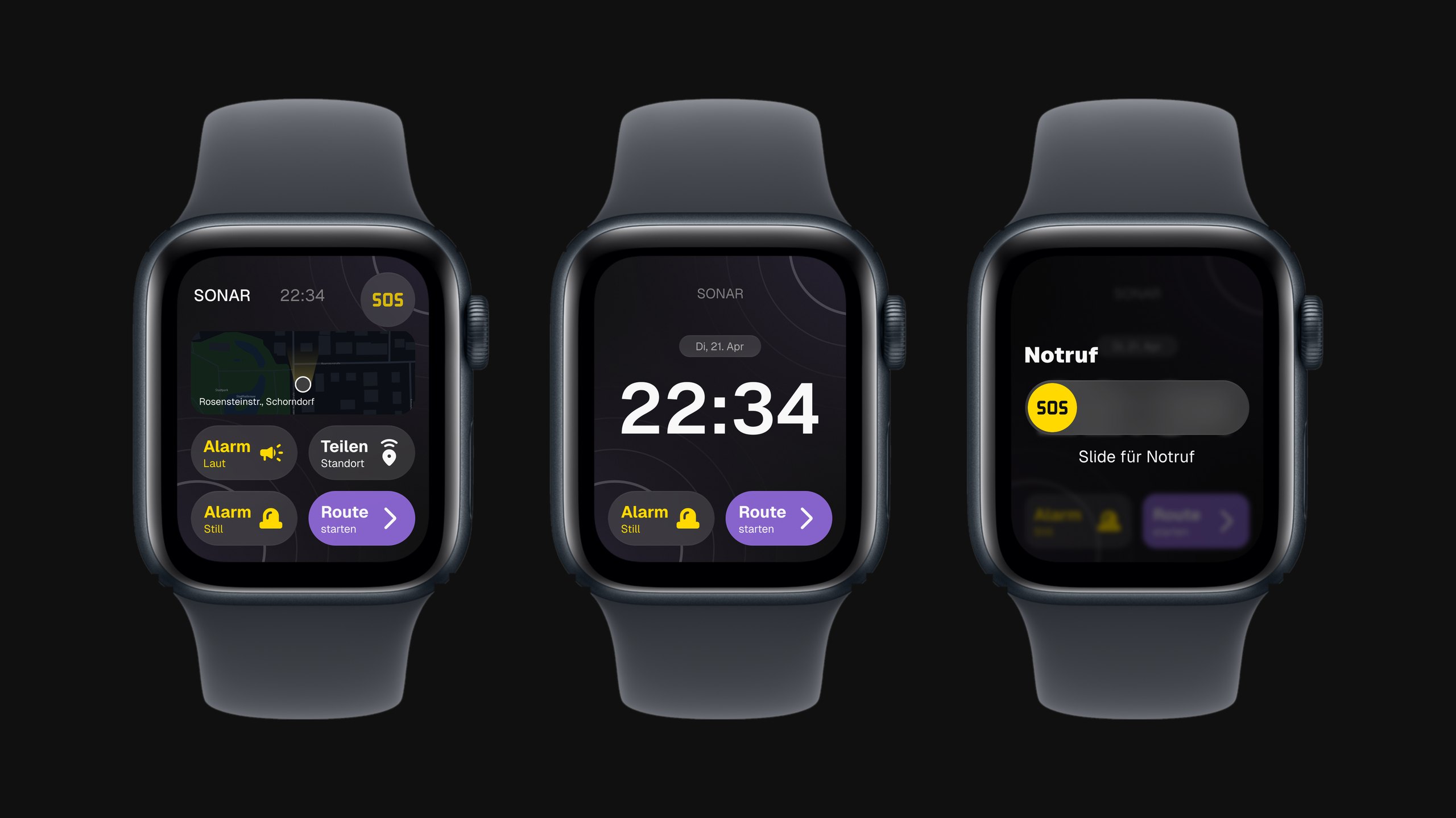 Drei Smartwatch-Screens: Startbildschirm, Zifferblatt mit Shortcuts, Notruf