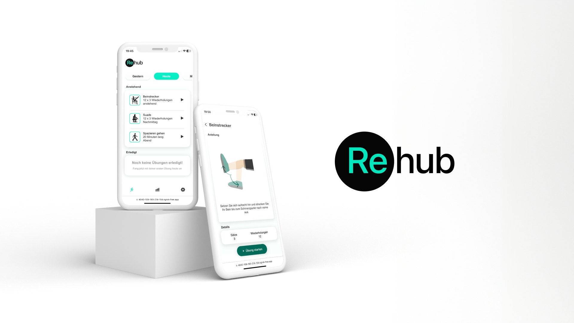 Rehub — zwei Smartphones mit der App auf einem Sockel